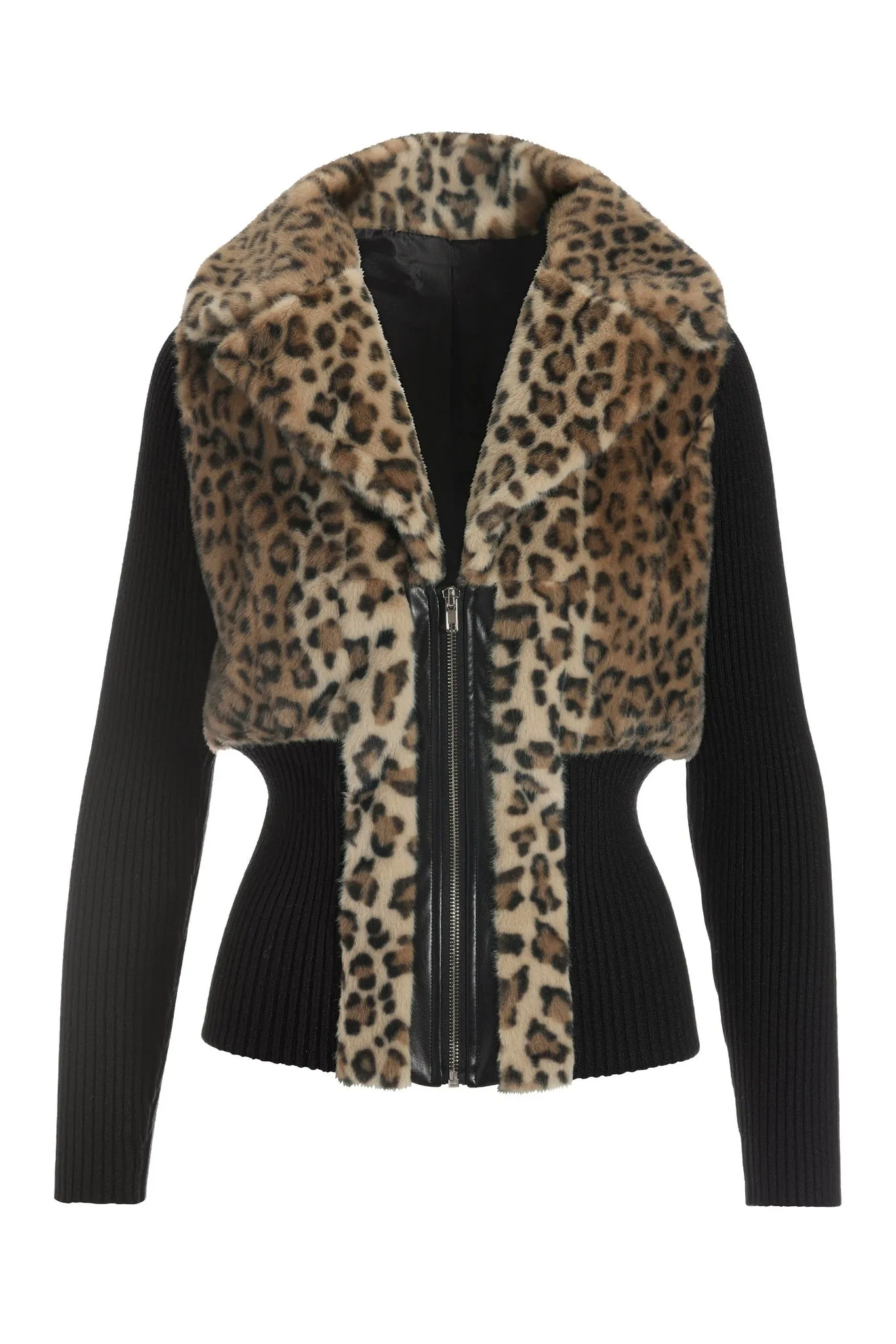 Animal Faux Fur Zip Up Cardigan Black Multi