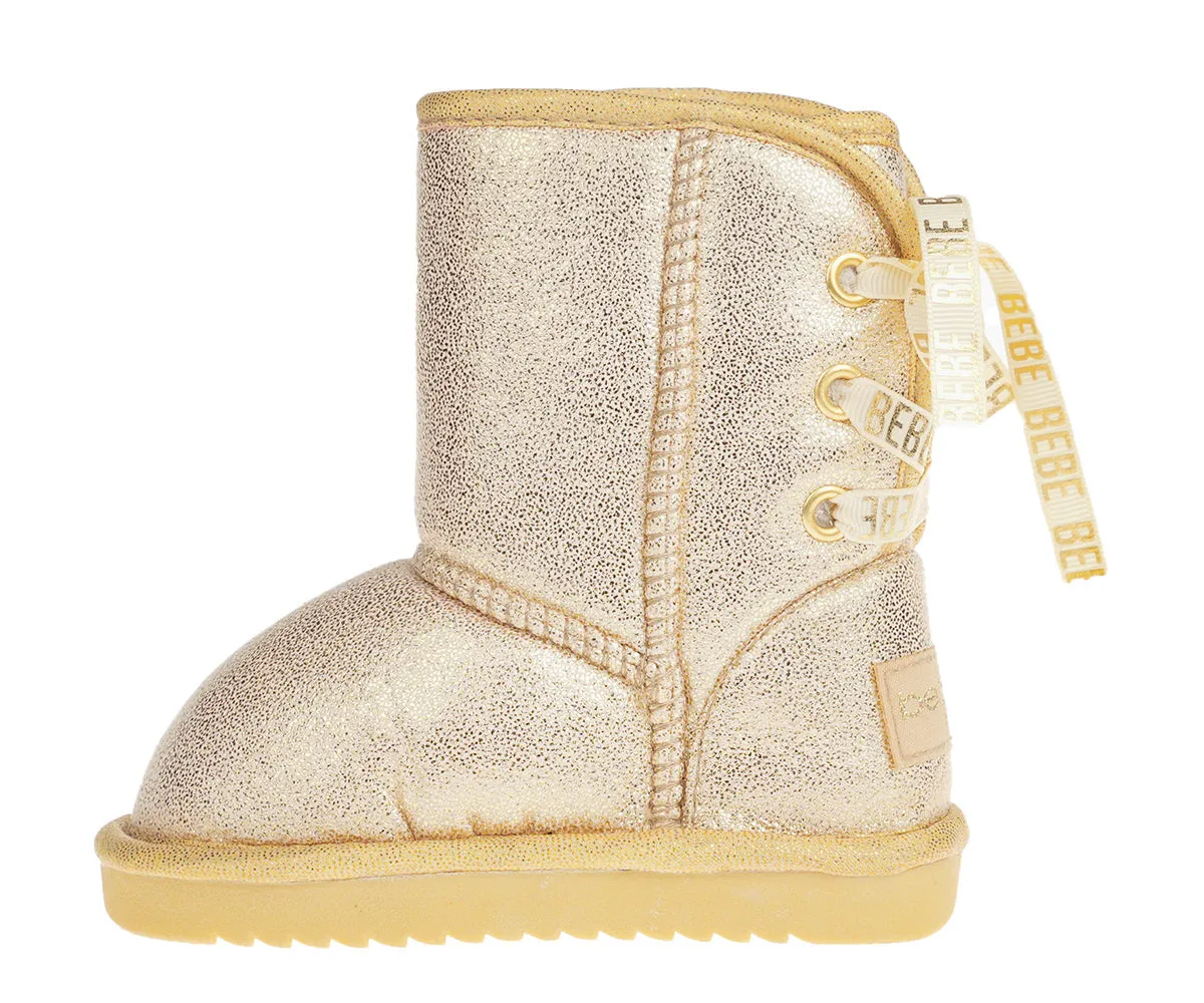 bebe Girl's Winter Boots Fur Boot Cuffs Sherpa Lined Shearling Microsuede Boots - Warm Boots For Toddler, Light Gold/Pink