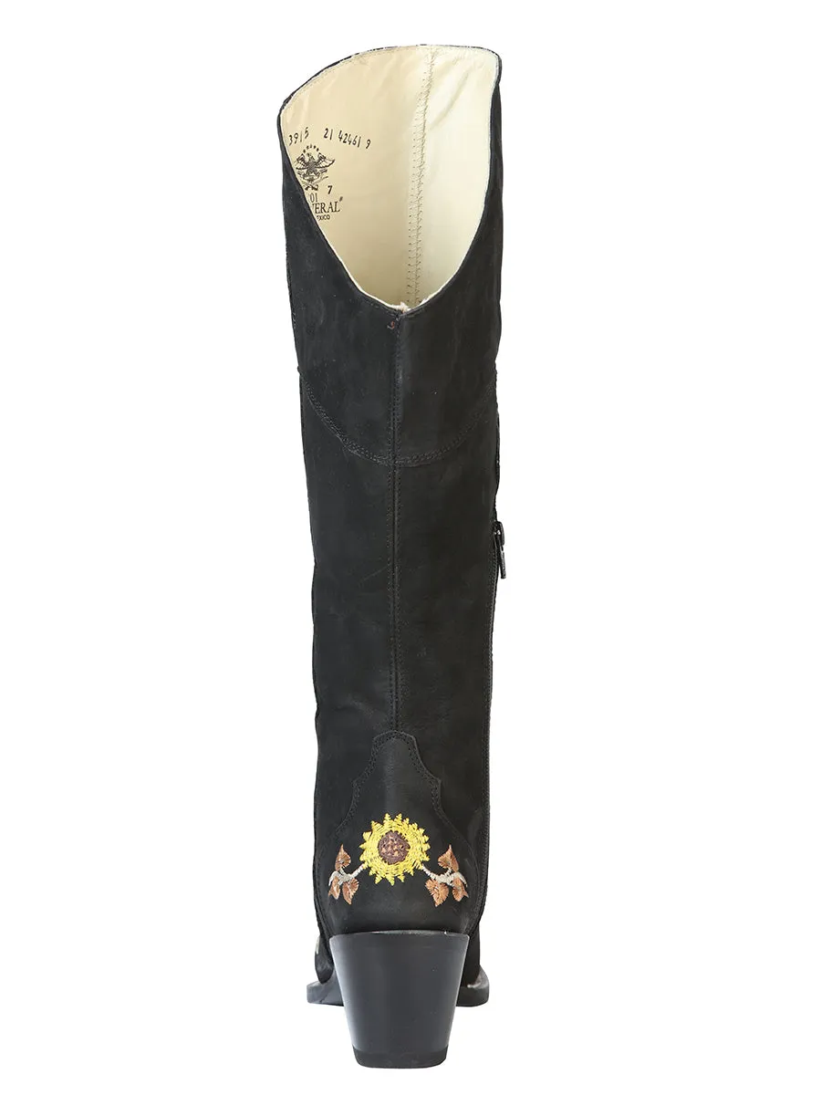 Botas Vaqueras Altas con Tubo Bordado de Girasoles de Piel Nobuck para Mujer 'El General' - ID: 43915