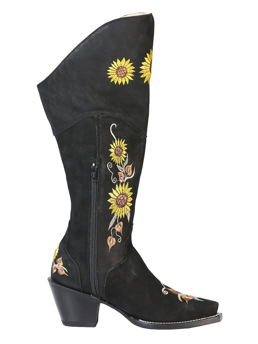 Botas Vaqueras Altas con Tubo Bordado de Girasoles de Piel Nobuck para Mujer 'El General' - ID: 43915