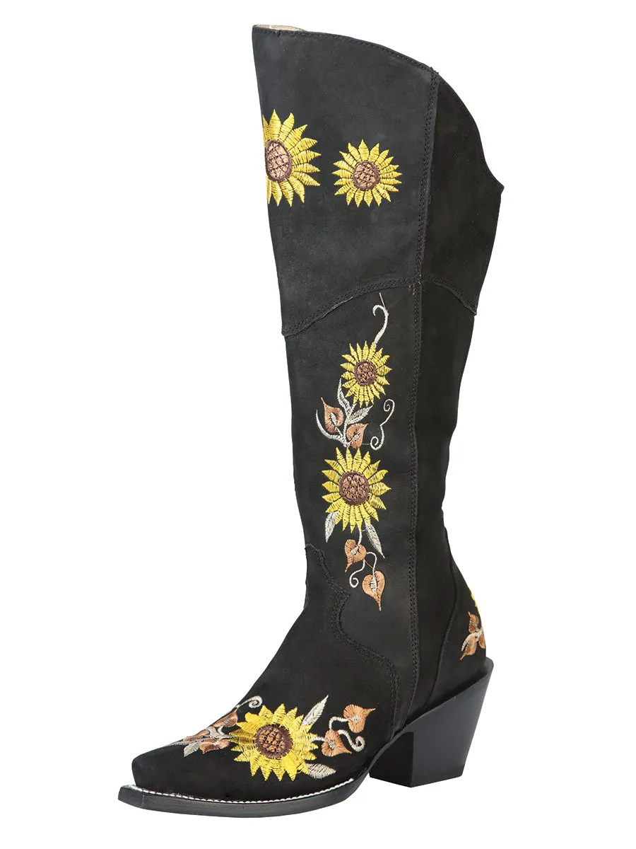 Botas Vaqueras Altas con Tubo Bordado de Girasoles de Piel Nobuck para Mujer 'El General' - ID: 43915