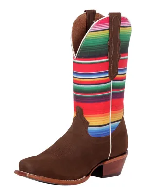 Botas Vaqueras Rodeo con Tubo de Sarape Print de Piel Nobuck para Mujer 'El General' - ID: 42985