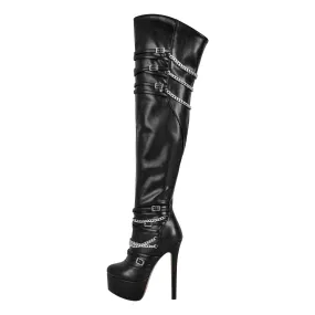 Chain Round Toe Platform Stilettos Over The Knee Boots