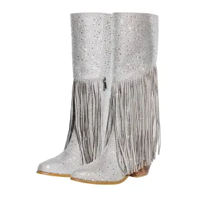 Chunky Heel Rhinestone Tassel Thigh High Boots