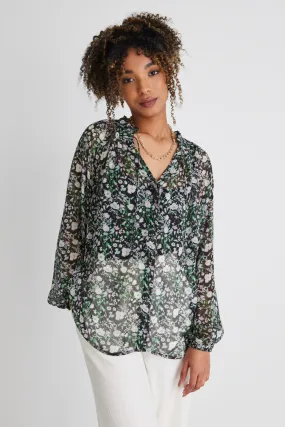 Deft Black Garden Shirred LS Button Blouse