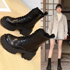 Genuine Leather Platform Martin Boots Women's British Style Chunky Heel Small Man Elevator Ankle Boots Spring and Autumn Boots Winter Suede Boots