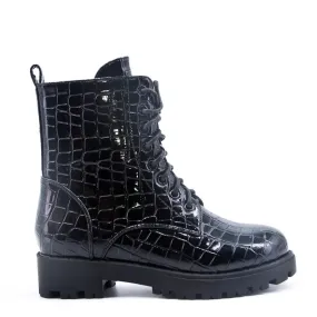 Girls Boots Black Faux Croc Patent Ankle Inside Zip Sale