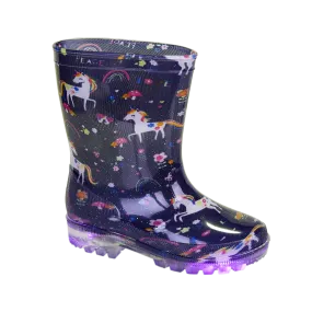 Kids Wellington Welly Boots Mystic Navy Light Up Unicorn Girls 8-2