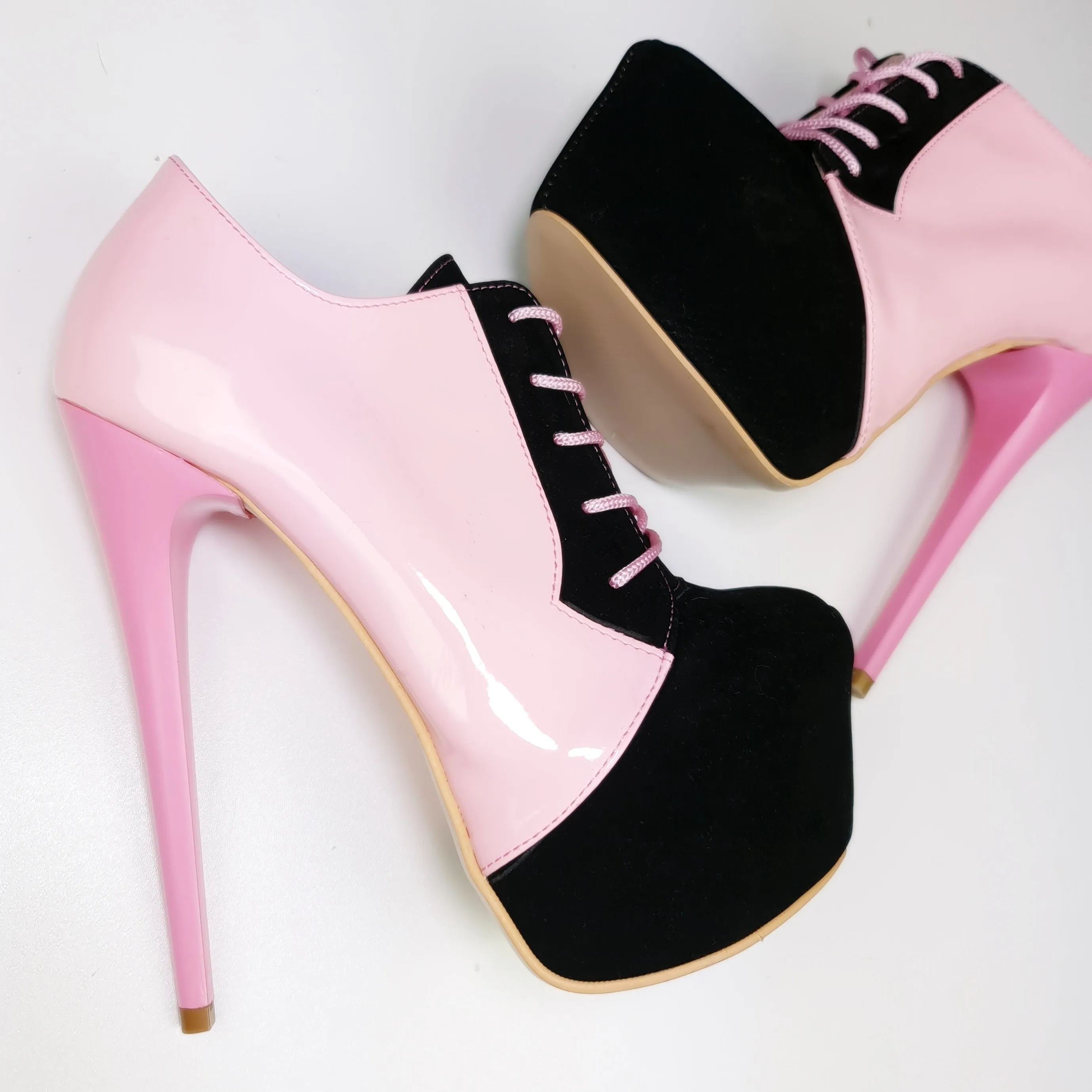 Light Pink Black Oxford Lace Up Ankle Cut Heels