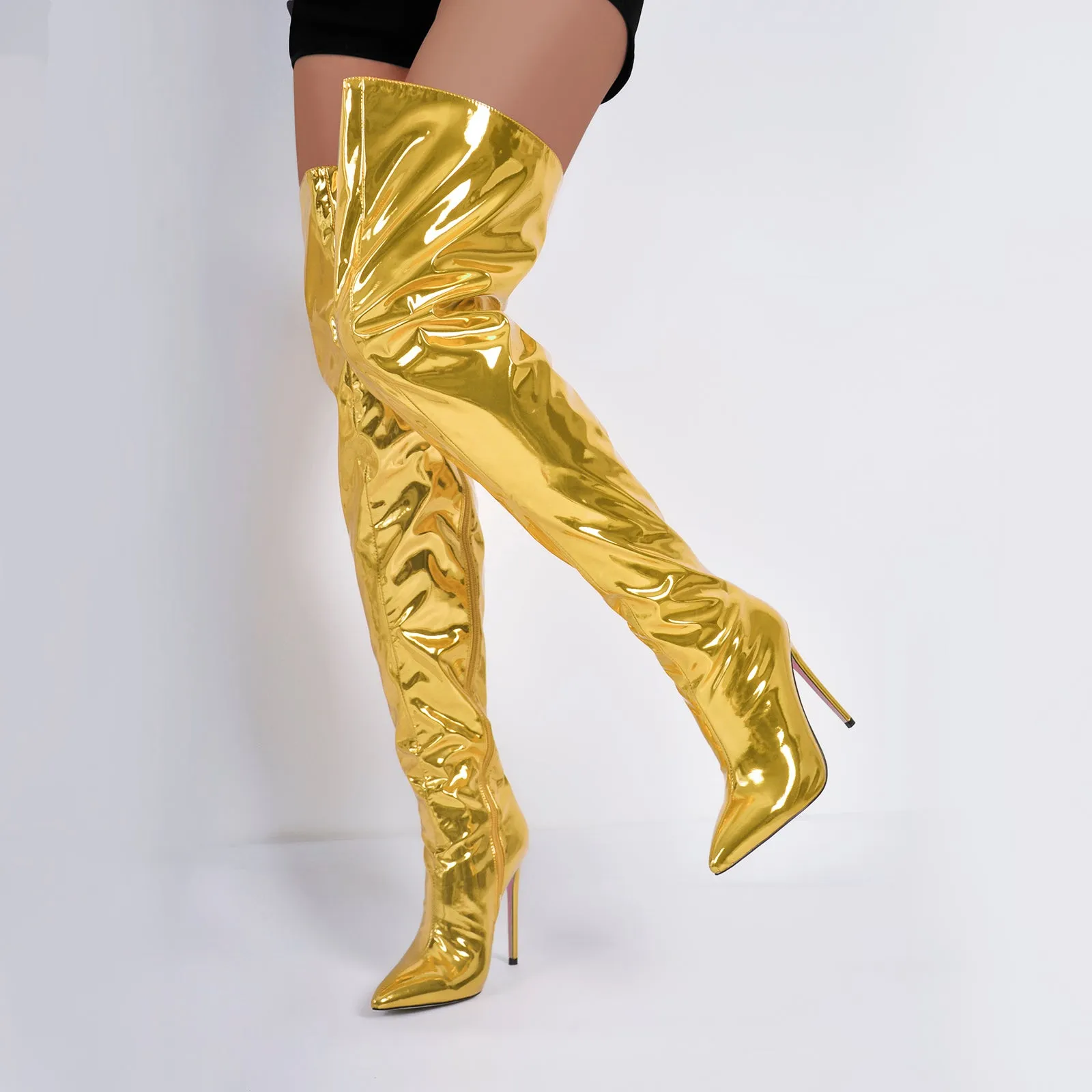 Metallic Pointed Toe Stiletto Over The Knee Boots