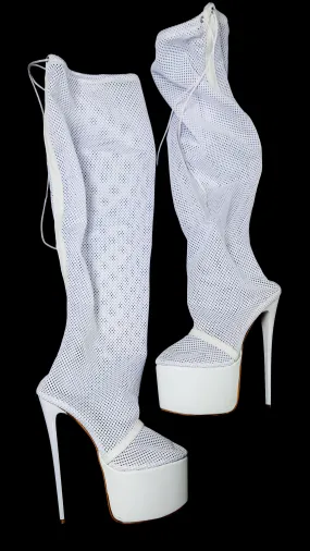 White Mesh Fishnet Shaft Long Platform Boots